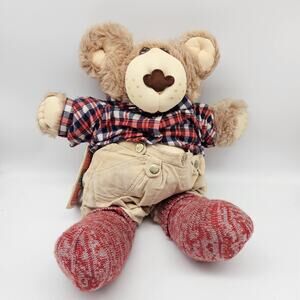 Vintage Boone Furskin Bear Plush Doll Xavier Roberts Flannel Shirt Overalls TAG